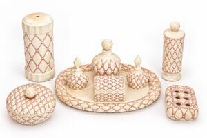 Vintage 1950s Arnels Pink Satin Pottery 10 Pc Vanity Bathroom Set Rare
